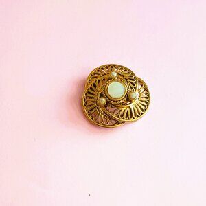 Tacoa Mother of Pearl Filigree Brooch Vintage Gold Tone Swirl Pin